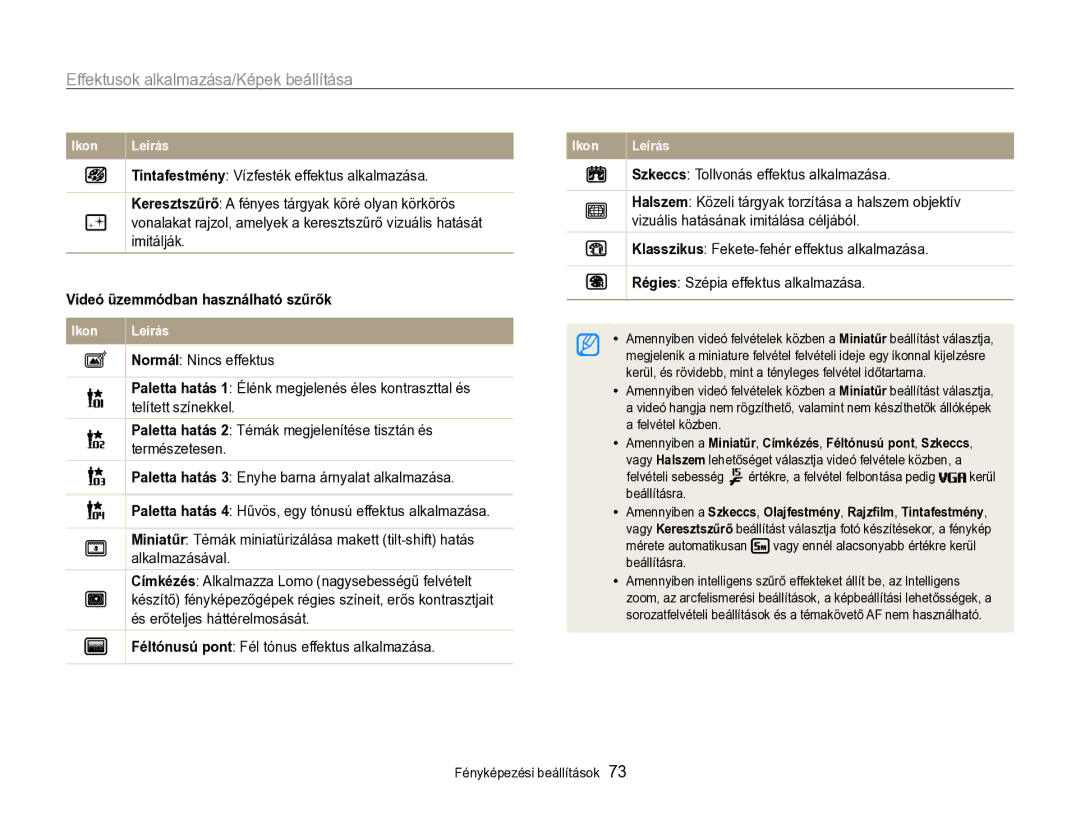 Samsung EC-ST96ZZBPBE2 manual Effektusok alkalmazása/Képek beállítása, Videó üzemmódban használható szűrők 