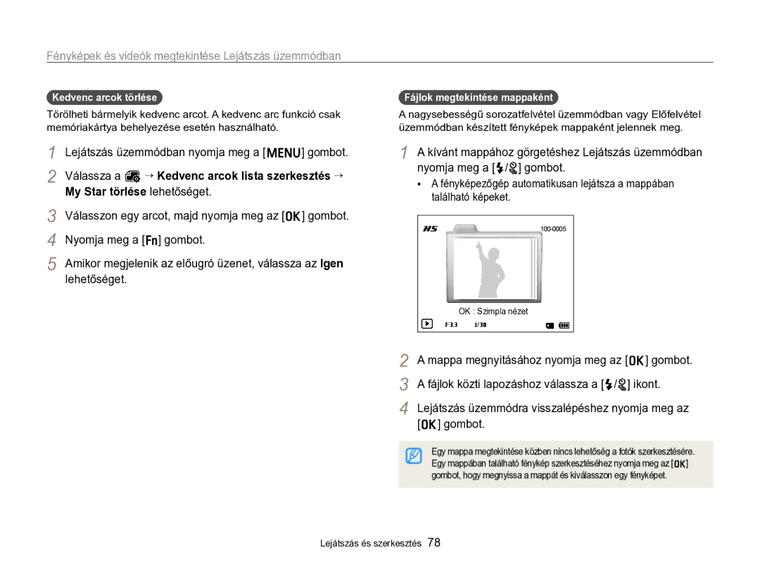 Samsung EC-ST96ZZBPBE2 manual Kedvenc arcok törlése, Fájlok megtekintése mappaként 