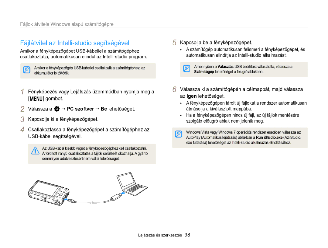 Samsung EC-ST96ZZBPBE2 manual Fájlátvitel az Intelli-studio segítségével, Fájlok átvitele Windows alapú számítógépre 