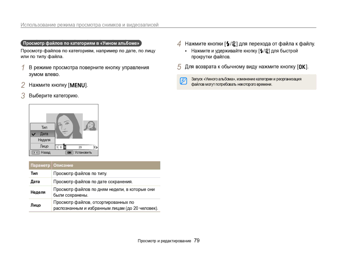 Samsung EC-ST96ZZBPBRU Для возврата к обычному виду нажмите кнопку o, Просмотр файлов по категориям в «Умном альбоме» 