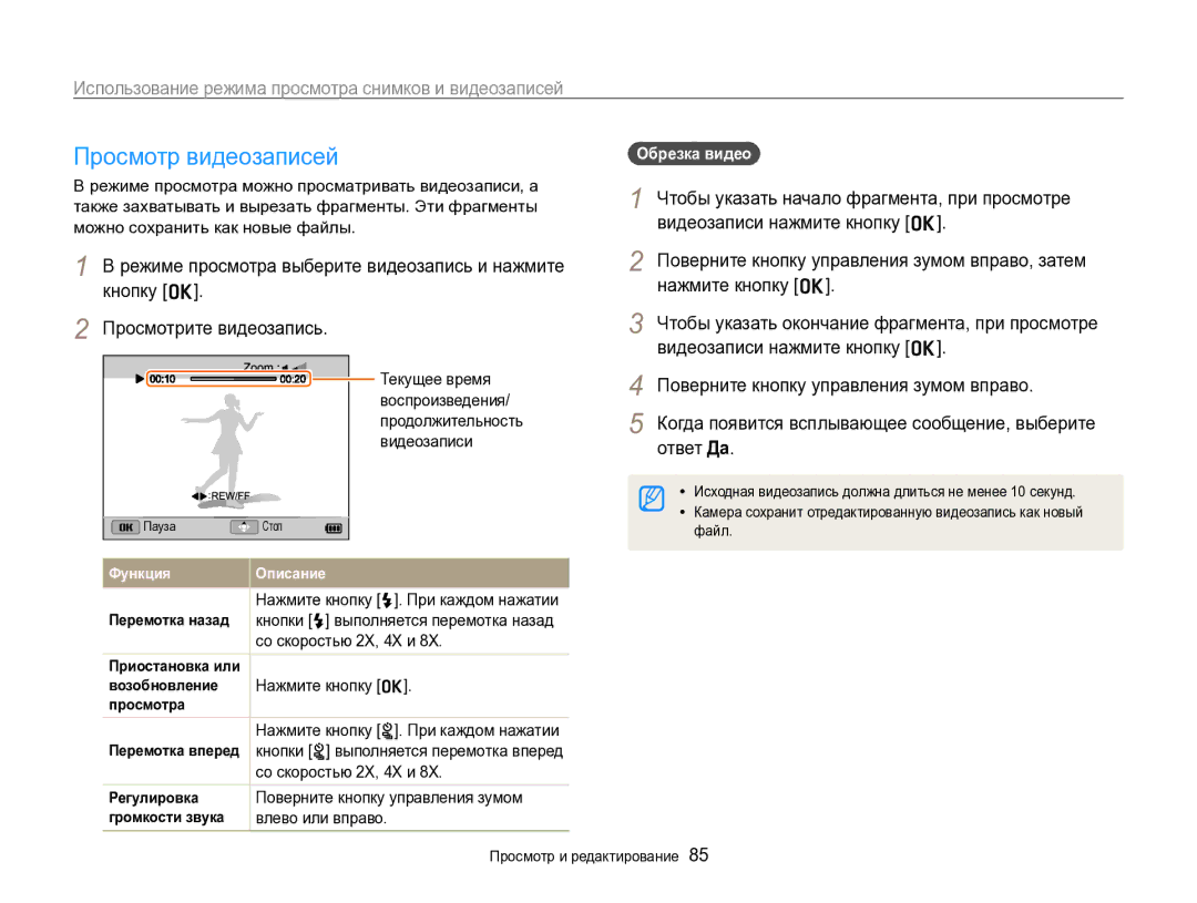 Samsung EC-ST96ZZBPBRU manual Просмотр видеозаписей, Поверните кнопку управления зумом вправо, Ответ Да, Обрезка видео 