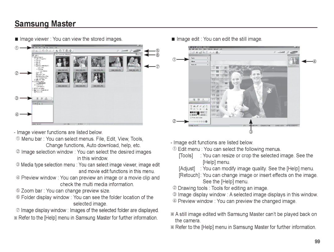 Samsung EC-TL90ZZBPR manual This window, Help menu, Adjust, Image selection window You can select the desired images 