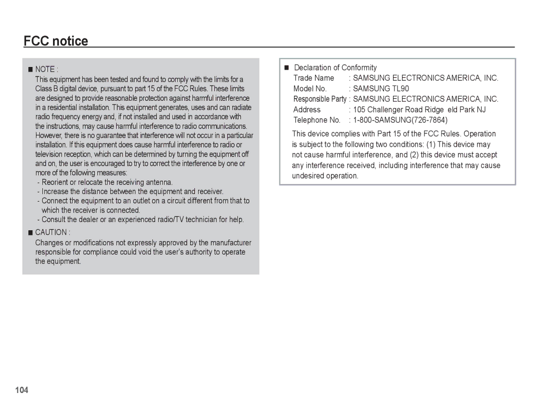 Samsung EC-TL90ZZBPR manual FCC notice, Model No, Address, Telephone No SAMSUNG726-7864 