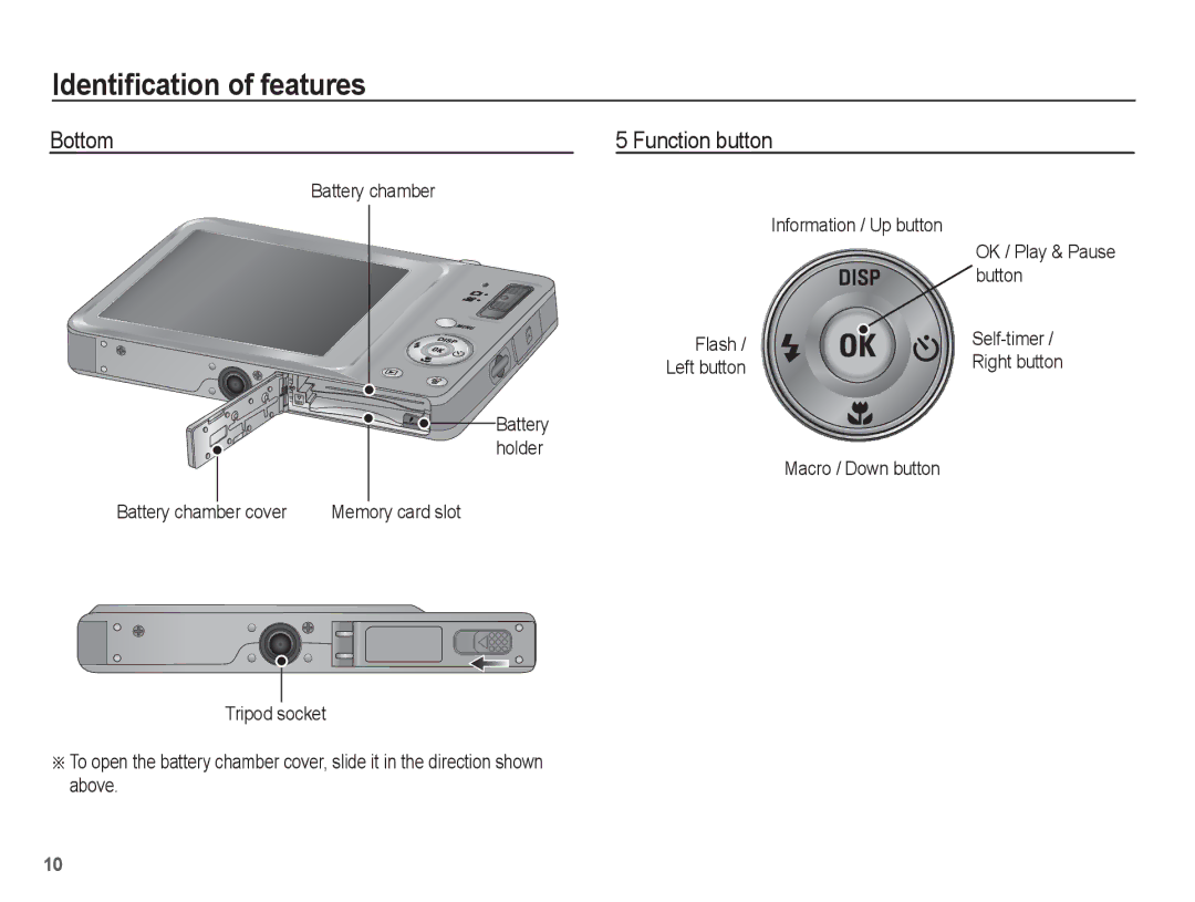 Samsung EC-TL90ZZBPR manual Bottom Function button, Battery chamber Information / Up button, Button 