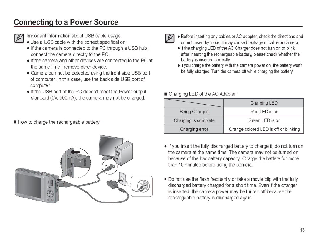 Samsung EC-TL90ZZBPR manual How to charge the rechargeable battery, Charging LED of the AC Adapter 