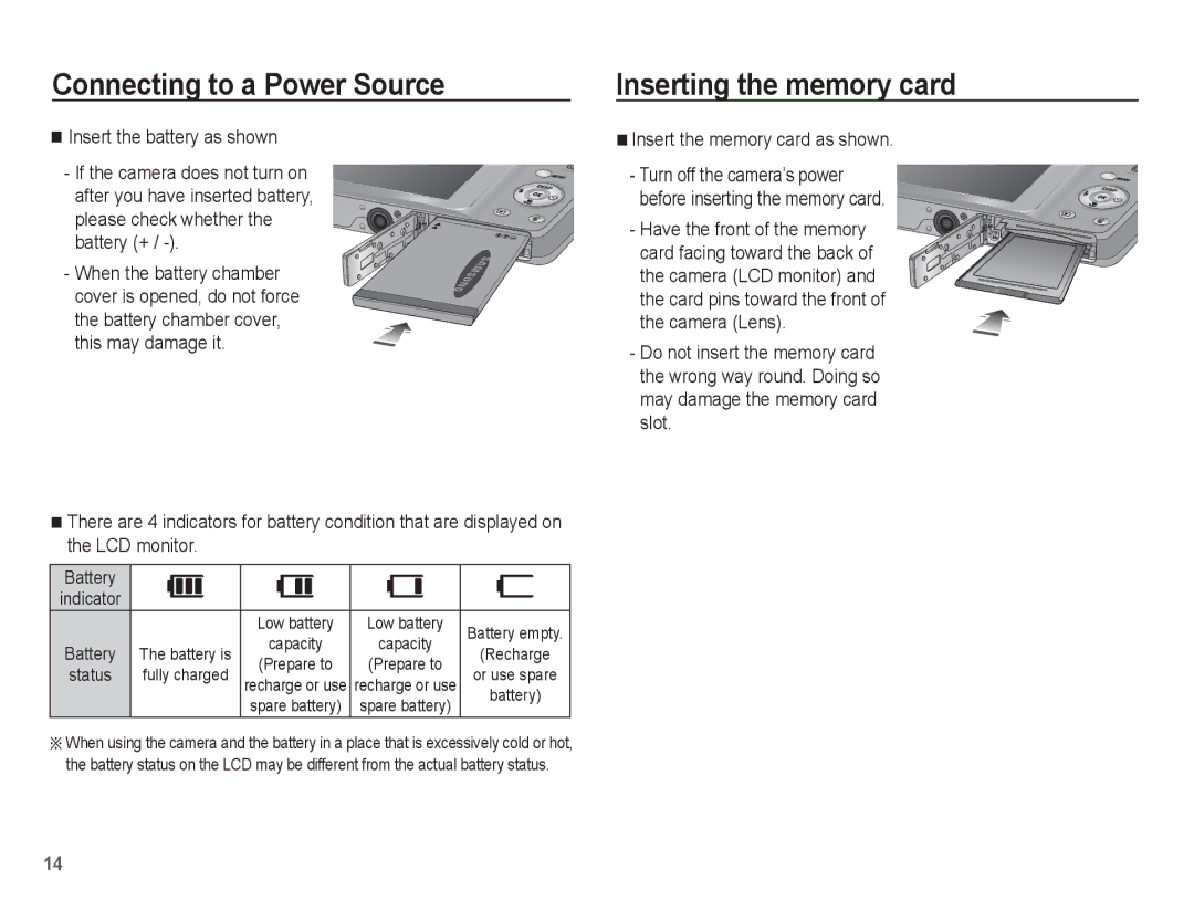 Samsung EC-TL90ZZBPR manual Inserting the memory card, Insert the memory card as shown, Battery 