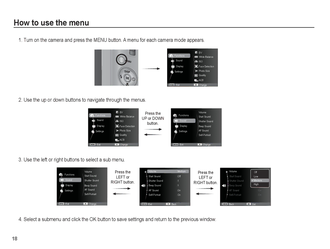 Samsung EC-TL90ZZBPR manual How to use the menu, Use the up or down buttons to navigate through the menus 