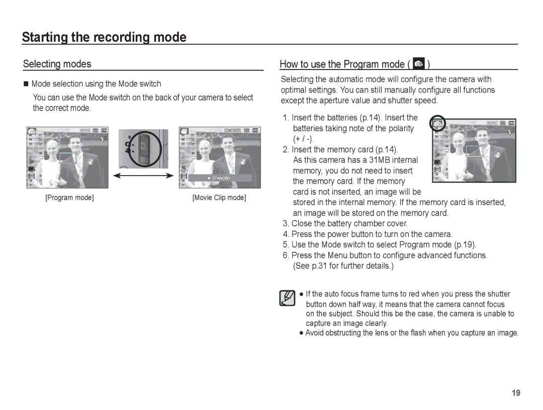 Samsung EC-TL90ZZBPR manual Starting the recording mode, Selecting modes, How to use the Program mode 