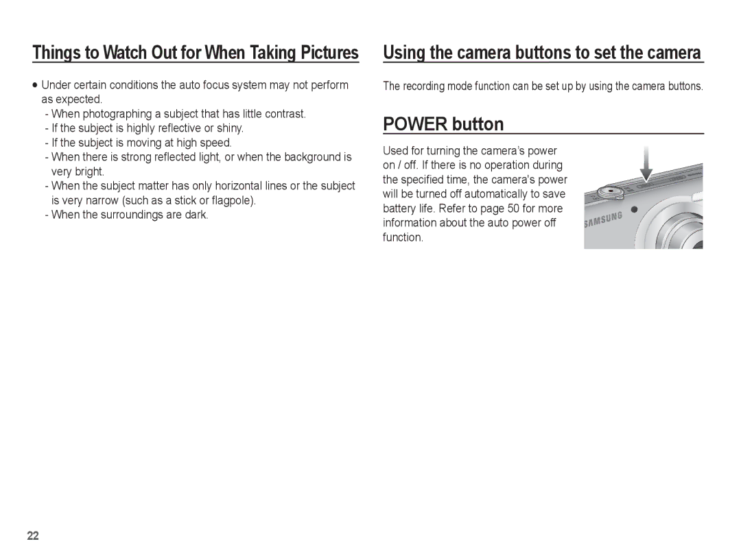 Samsung EC-TL90ZZBPR manual Power button, Things to Watch Out for When Taking Pictures 