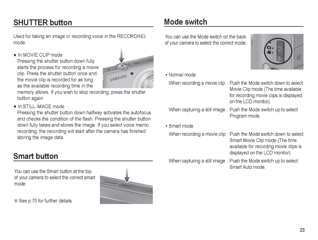 Samsung EC-TL90ZZBPR manual Shutter button, Smart button, Mode switch, Normal mode 