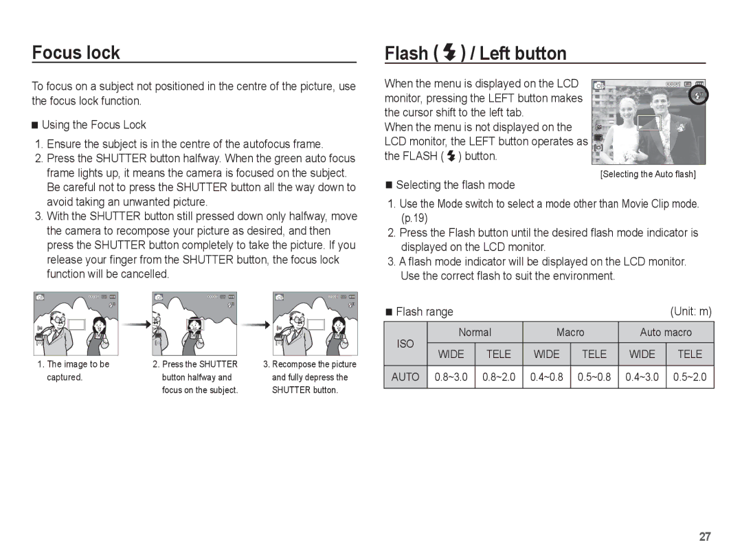 Samsung EC-TL90ZZBPR manual Focus lock, Flash / Left button, Flash range, Normal Macro Auto macro, ~3.0 ~2.0 ~0.8 