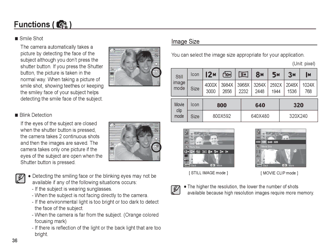 Samsung EC-TL90ZZBPR manual Image Size, Smile Shot, Blink Detection 