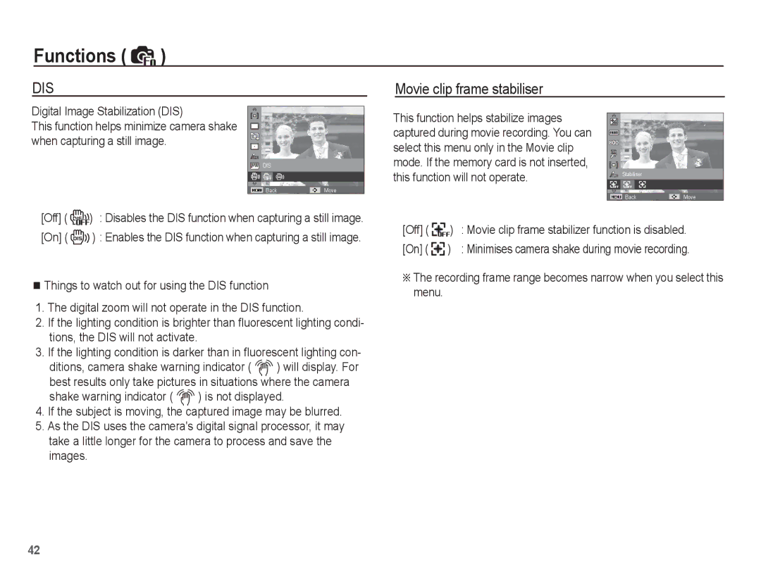 Samsung EC-TL90ZZBPR Movie clip frame stabiliser, Digital Image Stabilization DIS, This function helps stabilize images 