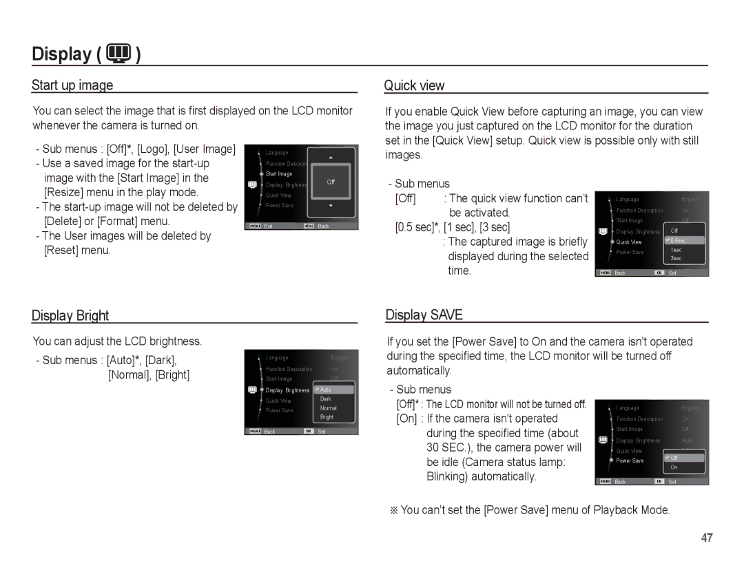 Samsung EC-TL90ZZBPR manual Start up image, Quick view, Display Bright, Display Save 