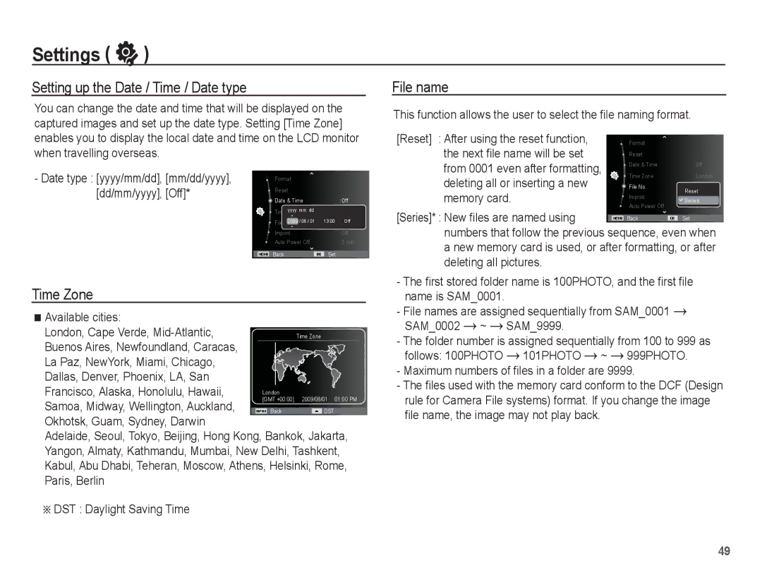 Samsung EC-TL90ZZBPR manual Setting up the Date / Time / Date type, File name, Time Zone 