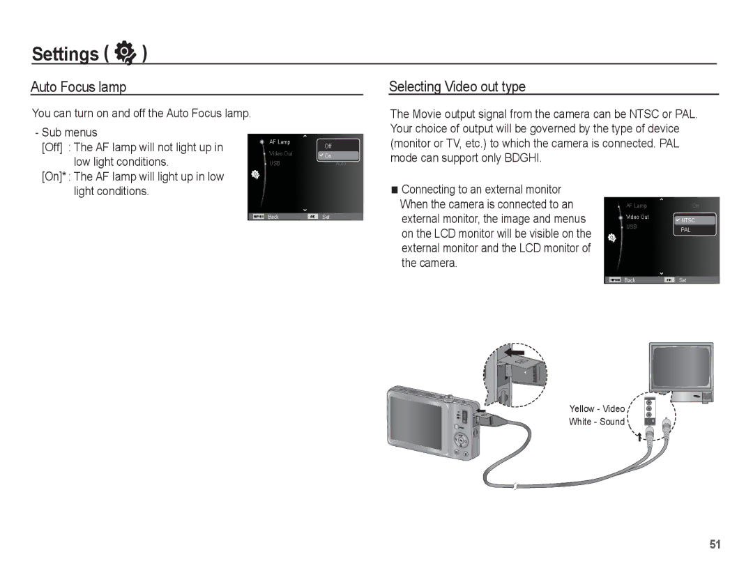 Samsung EC-TL90ZZBPR manual Auto Focus lamp Selecting Video out type, On* The AF lamp will light up in low light conditions 