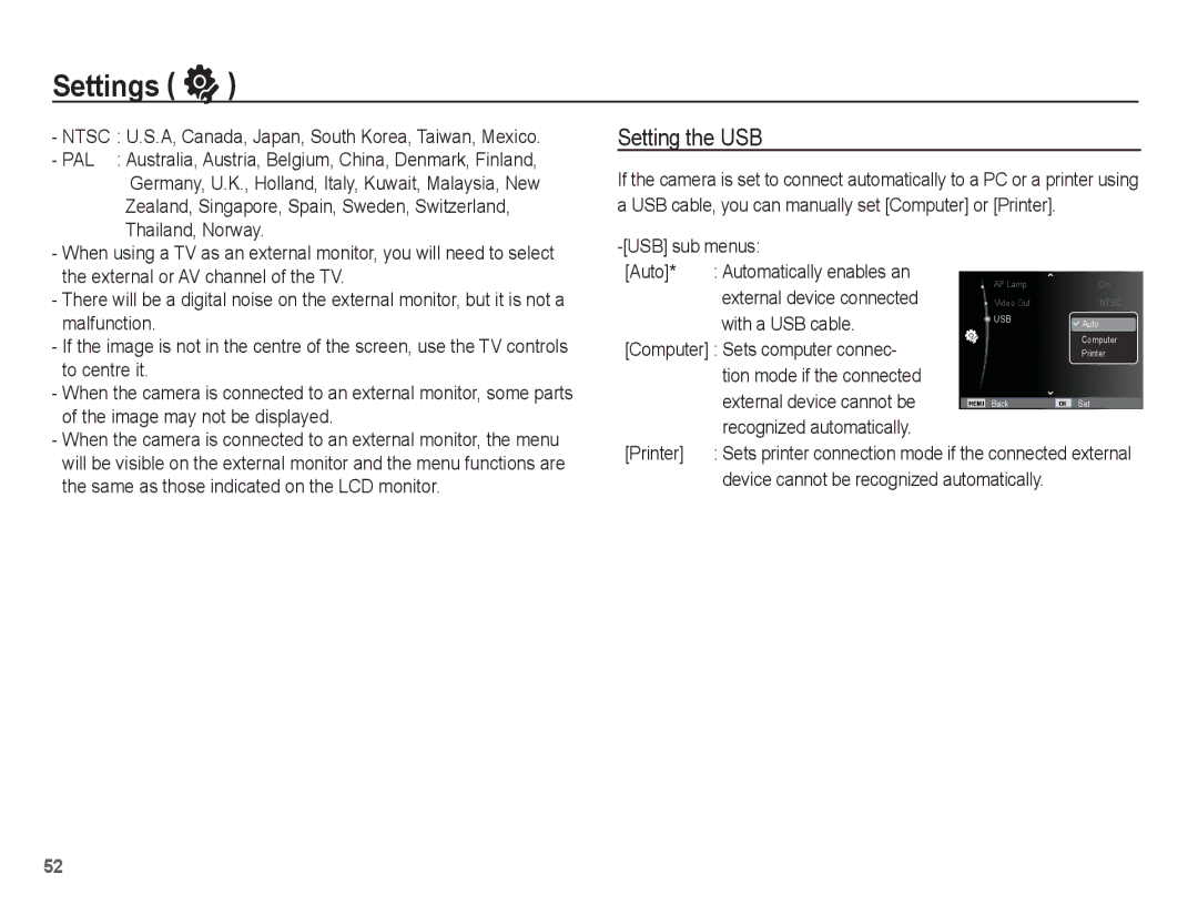 Samsung EC-TL90ZZBPR manual Setting the USB 