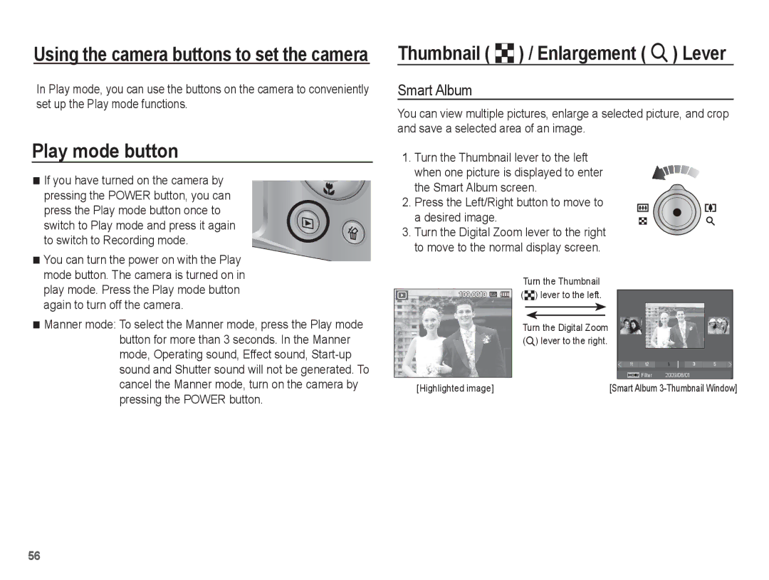 Samsung EC-TL90ZZBPR manual Thumbnail º / Enlargement í Lever, Smart Album, Press the Play mode button once to 