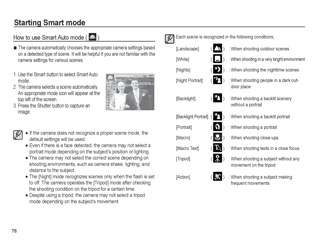 Samsung EC-TL90ZZBPR manual How to use Smart Auto mode, Use the Smart button to select Smart Auto mode 