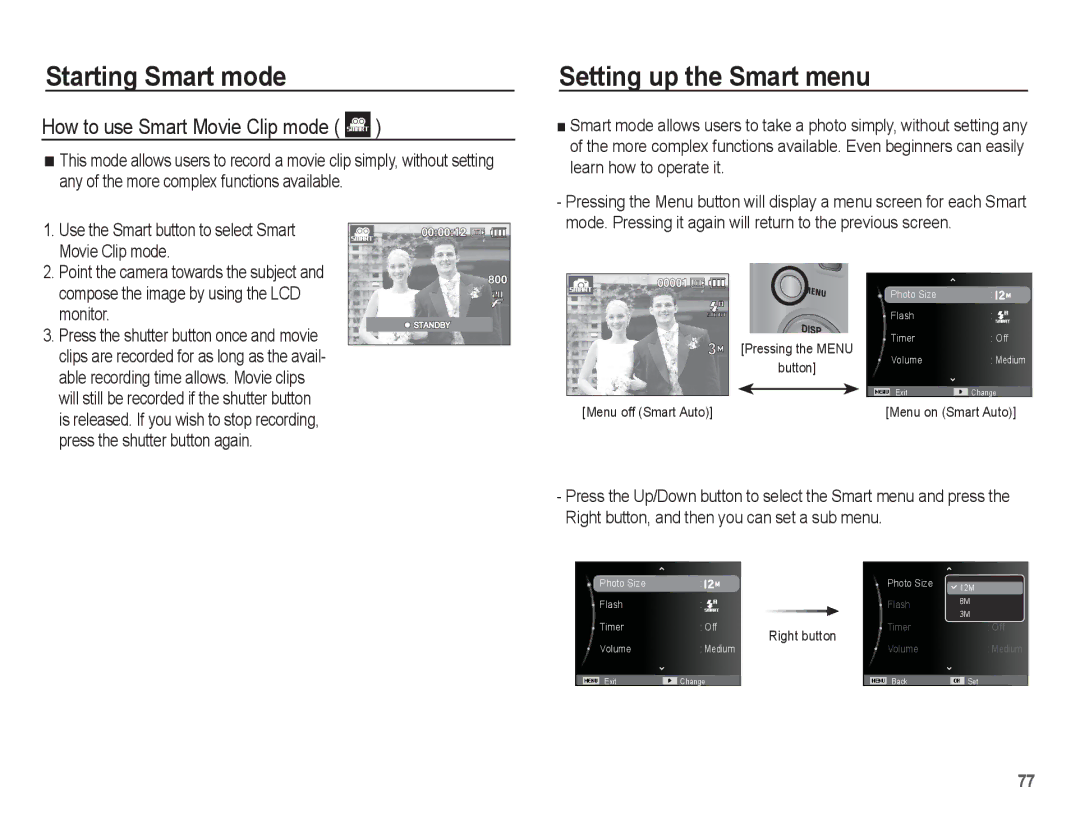 Samsung EC-TL90ZZBPR manual Setting up the Smart menu, How to use Smart Movie Clip mode 