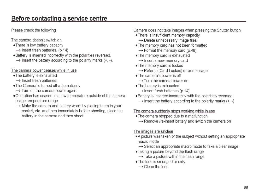 Samsung EC-TL90ZZBPR manual Before contacting a service centre, Please check the following, Insert fresh batteries. p.14 