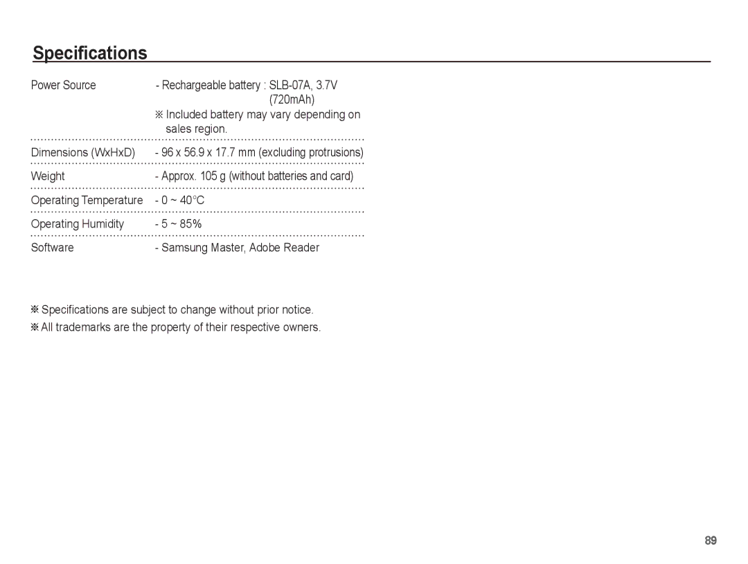 Samsung EC-TL90ZZBPR manual Power Source, 720mAh, Sales region, Dimensions WxHxD, Weight, ~ 40C 