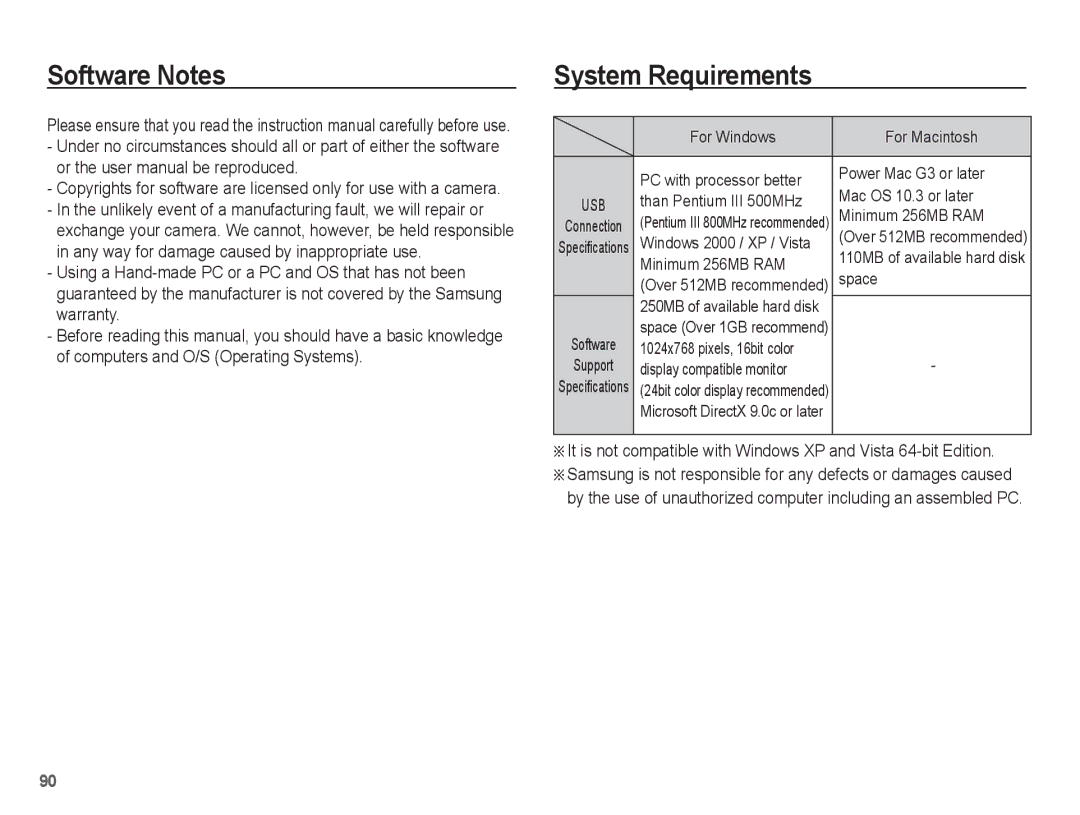 Samsung EC-TL90ZZBPR manual Software Notes, System Requirements 