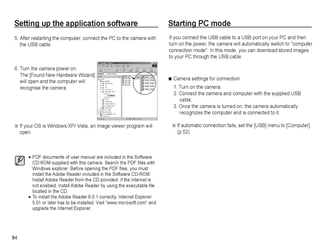 Samsung EC-TL90ZZBPR manual Setting up the application software Starting PC mode 