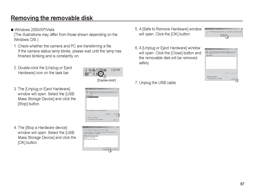 Samsung EC-TL90ZZBPR manual Removing the removable disk, Unplug the USB cable 