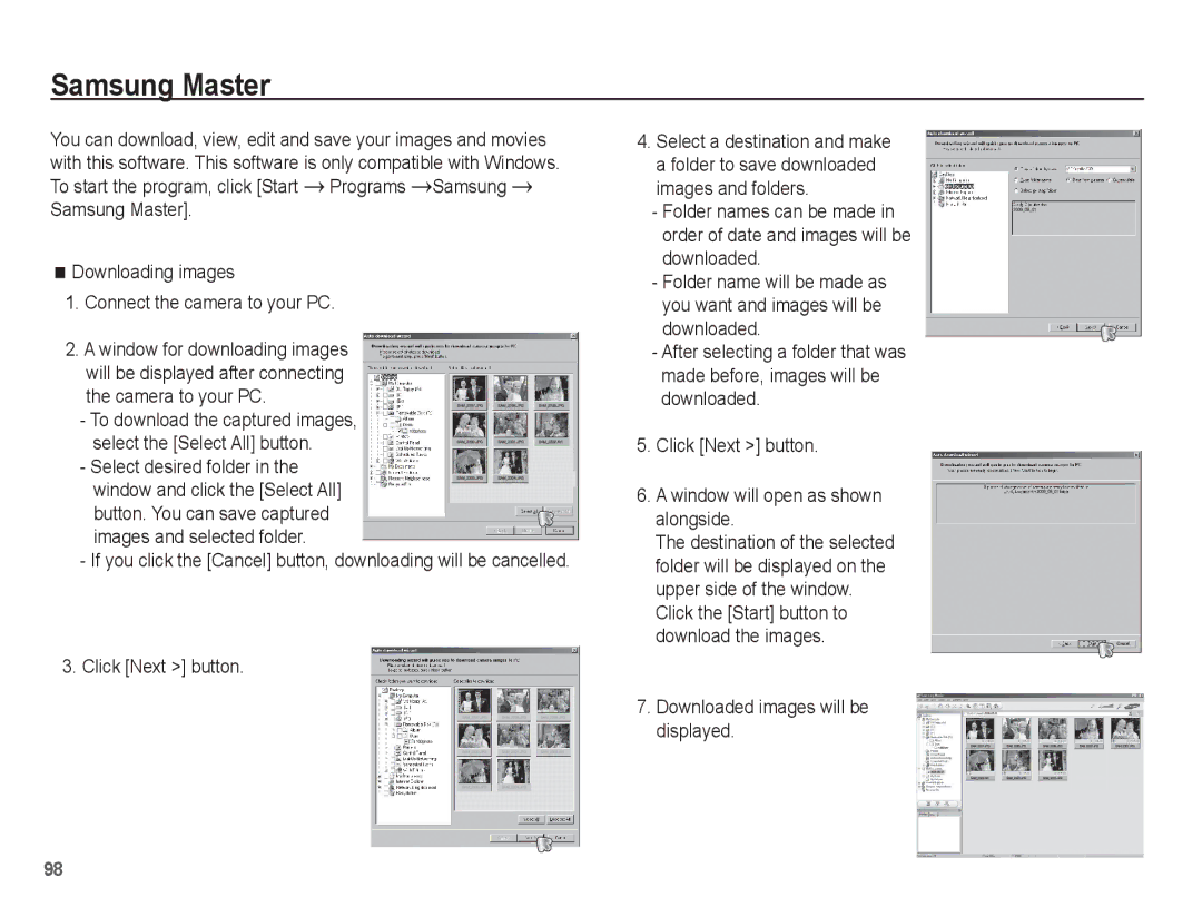 Samsung EC-TL90ZZBPR manual Samsung Master, Click Next button, Downloaded images will be displayed 