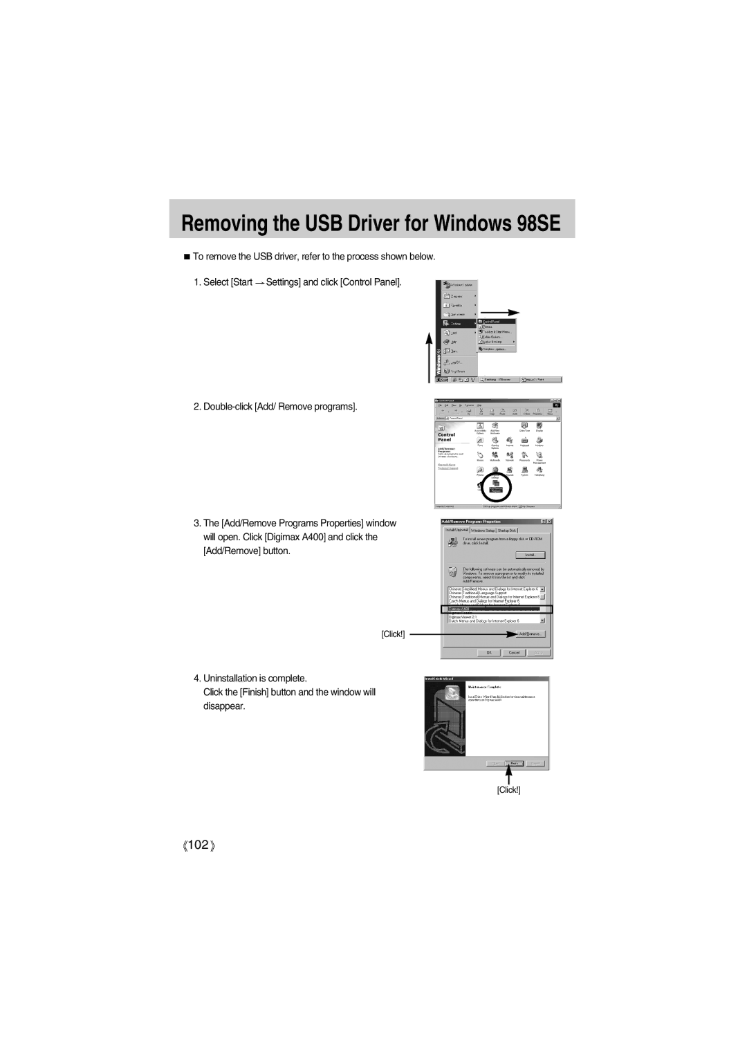 Samsung EC-UC501SBA/US, EC-A400ZSBA/E1, EC-UC501SBB/US, EC-A400ZSBB/US, EC-A400ZSAA Removing the USB Driver for Windows 98SE 