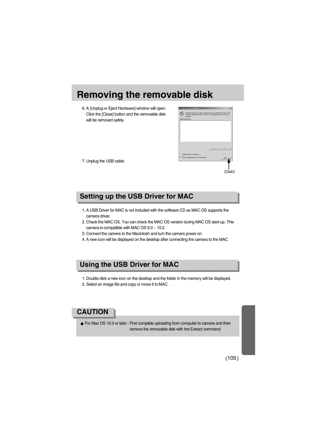 Samsung EC-A400ZSBB/US, EC-UC501SBA/US, EC-A400ZSBA/E1 manual Setting up the USB Driver for MAC, Using the USB Driver for MAC 