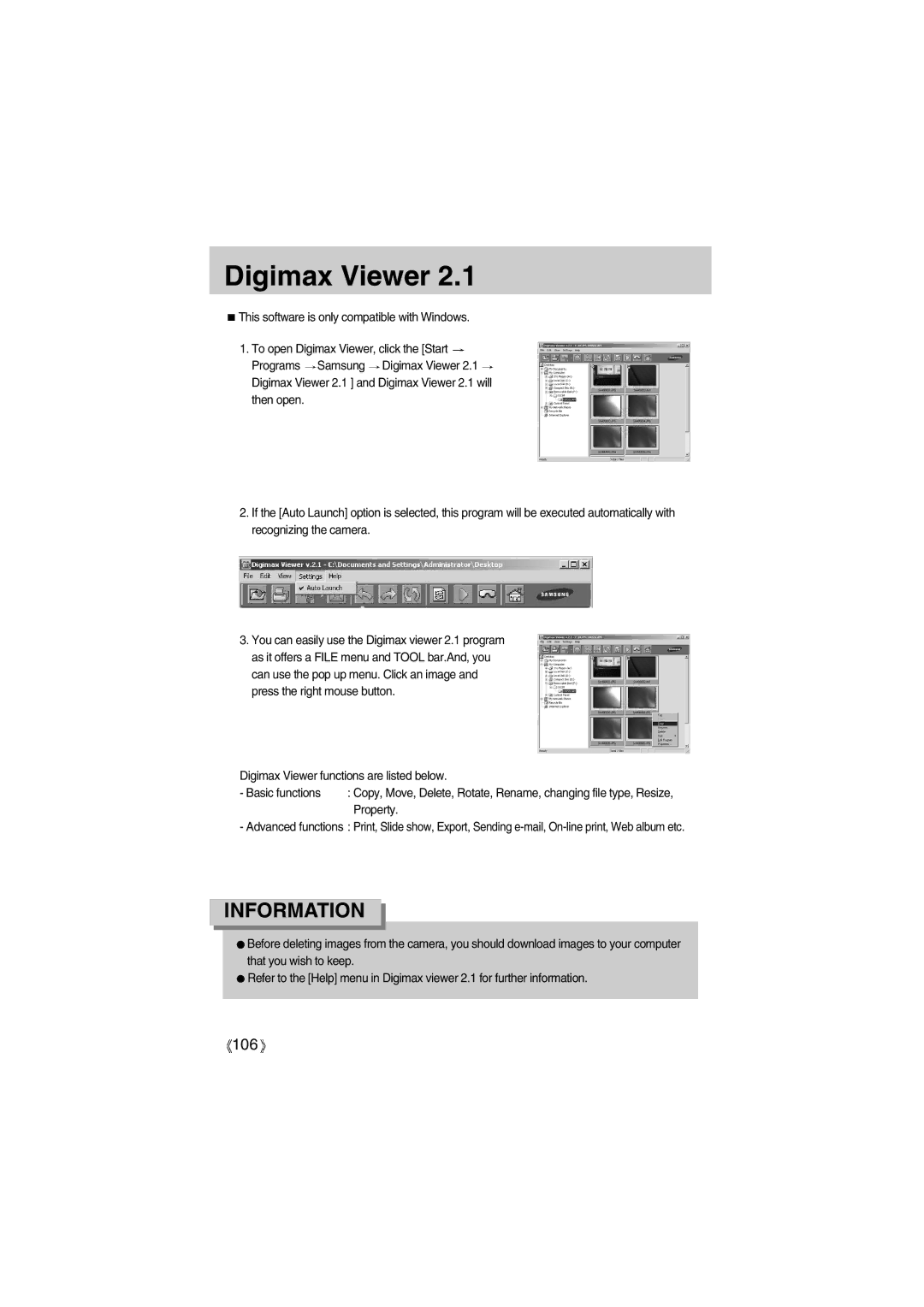 Samsung EC-A400ZSBA/US, EC-UC501SBA/US, EC-A400ZSBA/E1 manual Digimax Viewer, This software is only compatible with Windows 