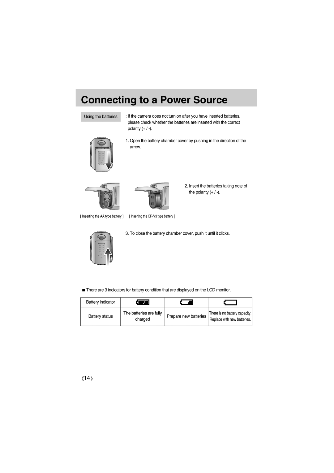 Samsung EC-UC501SBB/US Connecting to a Power Source, Polarity +, Arrow, Insert the batteries taking note of the polarity + 