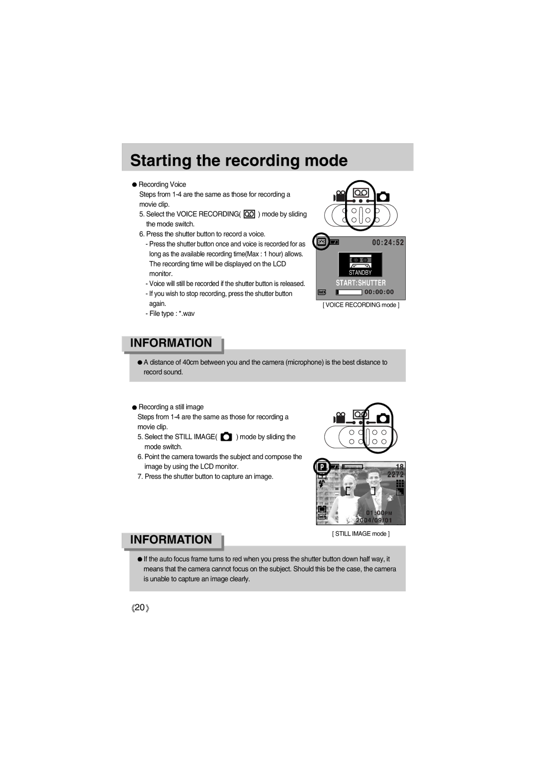 Samsung EC-UC501SBB/US, EC-UC501SBA/US, EC-A400ZSBA/E1, EC-A400ZSBB/US, EC-A400ZSBA/US manual Starting the recording mode 