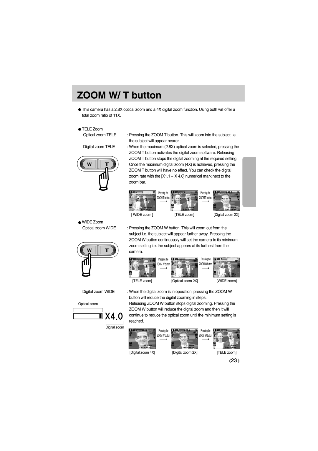 Samsung EC-A400ZSAA, EC-UC501SBA/US, EC-A400ZSBA/E1, EC-UC501SBB/US, EC-A400ZSBB/US, EC-A400ZSBA/US manual Zoom W/ T button 