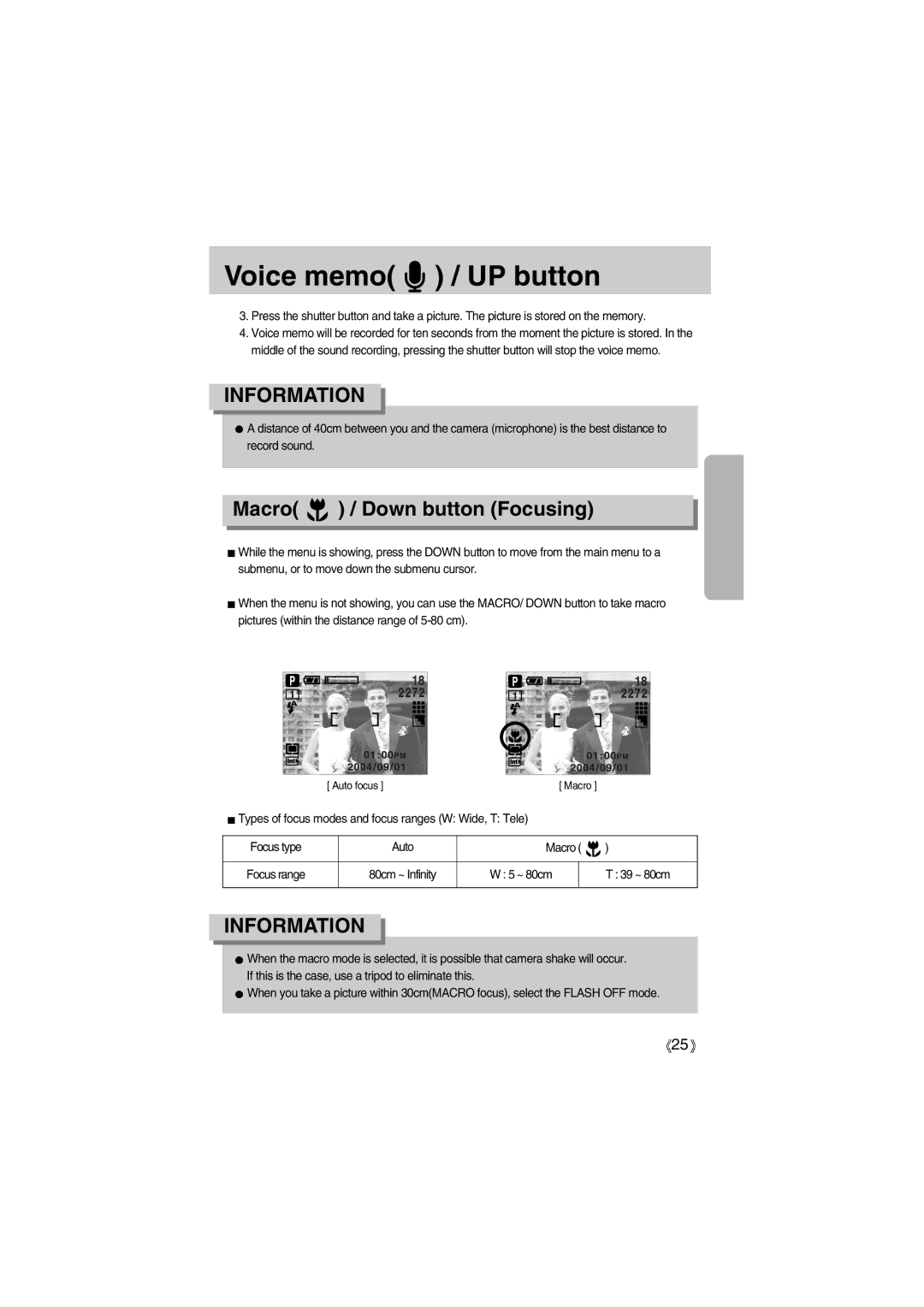 Samsung EC-A400ZSBA/E1, EC-UC501SBA/US, EC-A400ZSAA Voice memo / UP button, Macro / Down button Focusing, ~ 80cm 39 ~ 80cm 