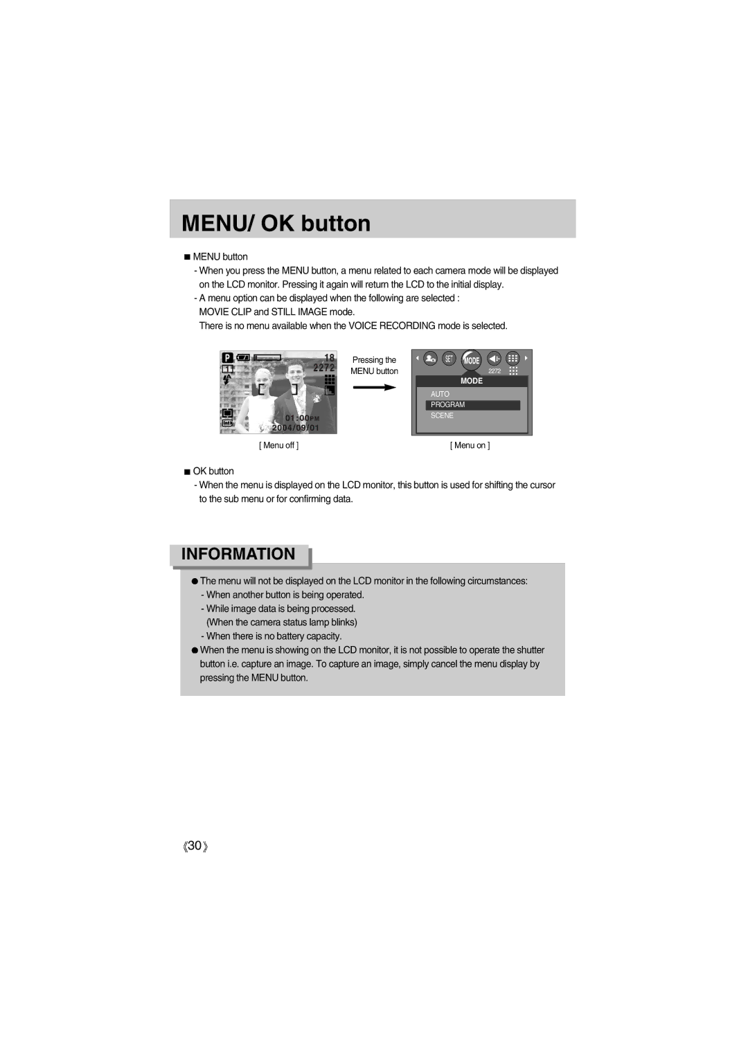 Samsung EC-UC501SBA/US, EC-A400ZSBA/E1, EC-UC501SBB/US, EC-A400ZSBB/US, EC-A400ZSBA/US manual MENU/ OK button, Menu button 