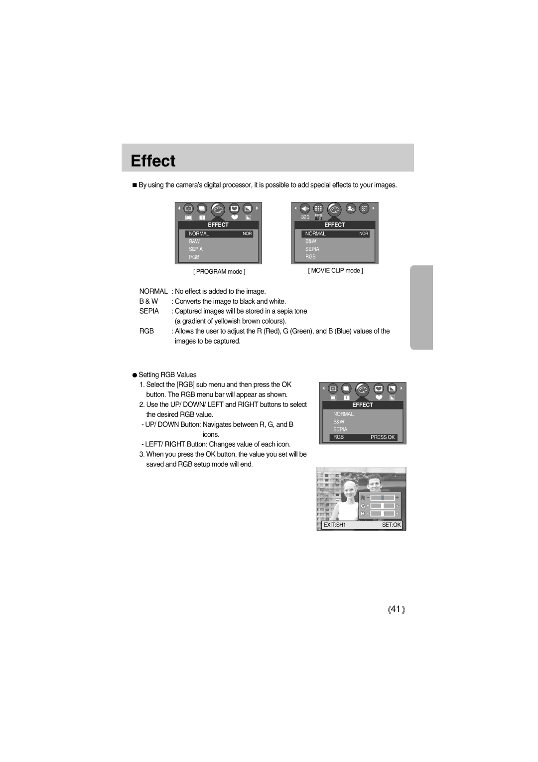 Samsung EC-A400ZSAA, EC-UC501SBA/US, EC-A400ZSBA/E1, EC-UC501SBB/US, EC-A400ZSBB/US, EC-A400ZSBA/US manual Effect, Normal, Rgb 