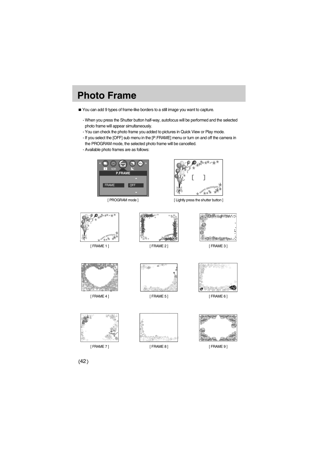 Samsung EC-UC501SBA/US, EC-A400ZSBA/E1, EC-UC501SBB/US, EC-A400ZSBB/US, EC-A400ZSBA/US, EC-A400ZSAA manual Photo Frame 