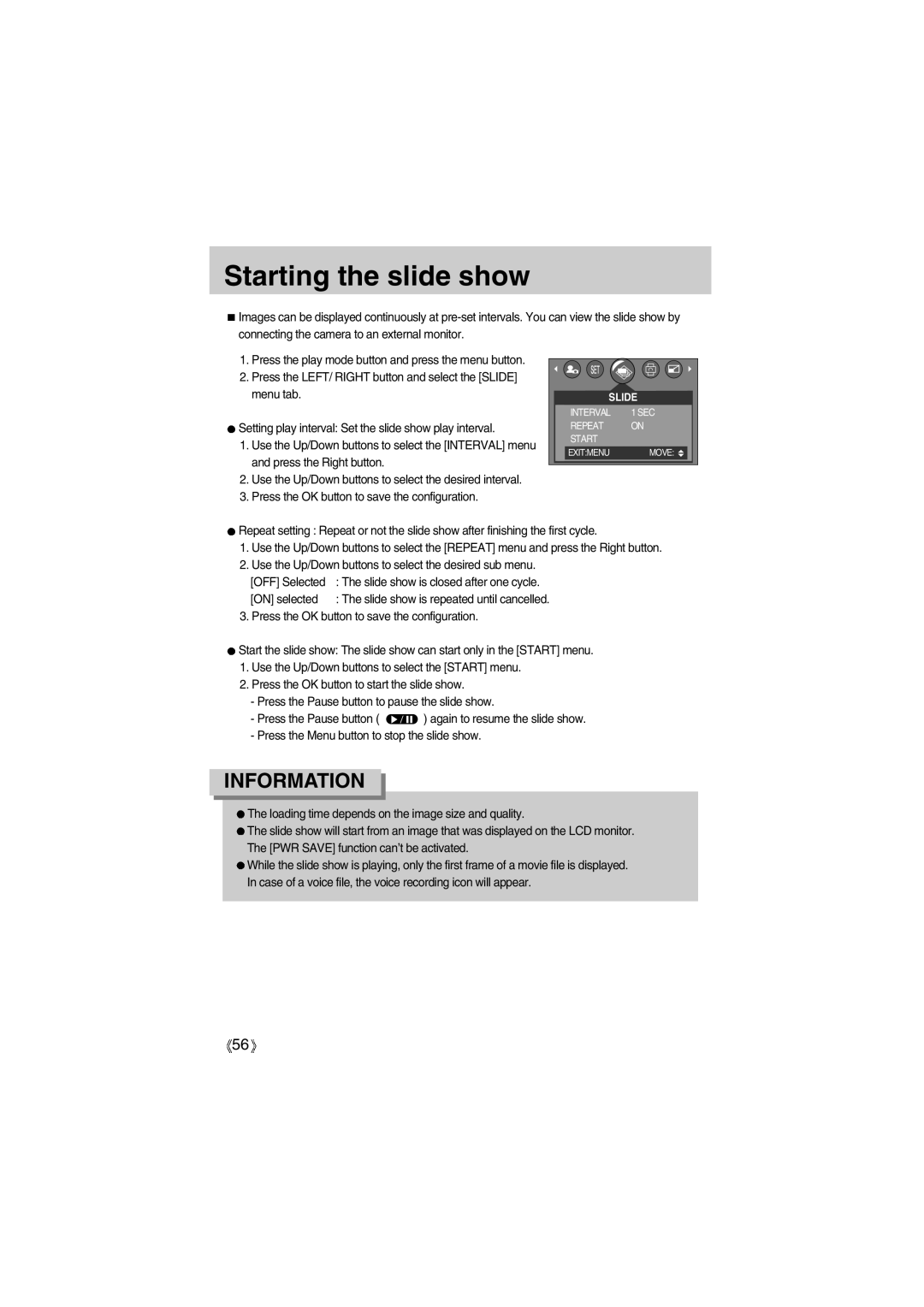 Samsung EC-UC501SBB/US, EC-UC501SBA/US Starting the slide show, Press the OK button to save the configuration, On selected 