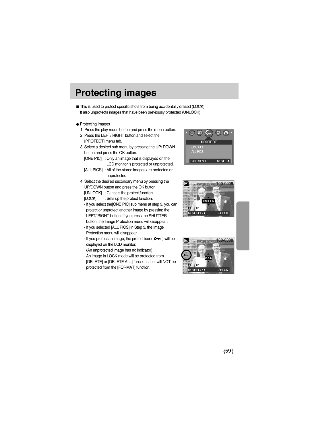 Samsung EC-A400ZSAA, EC-UC501SBA/US, EC-A400ZSBA/E1, EC-UC501SBB/US manual Protecting images, ALL Pics, Unprotected, Lock 