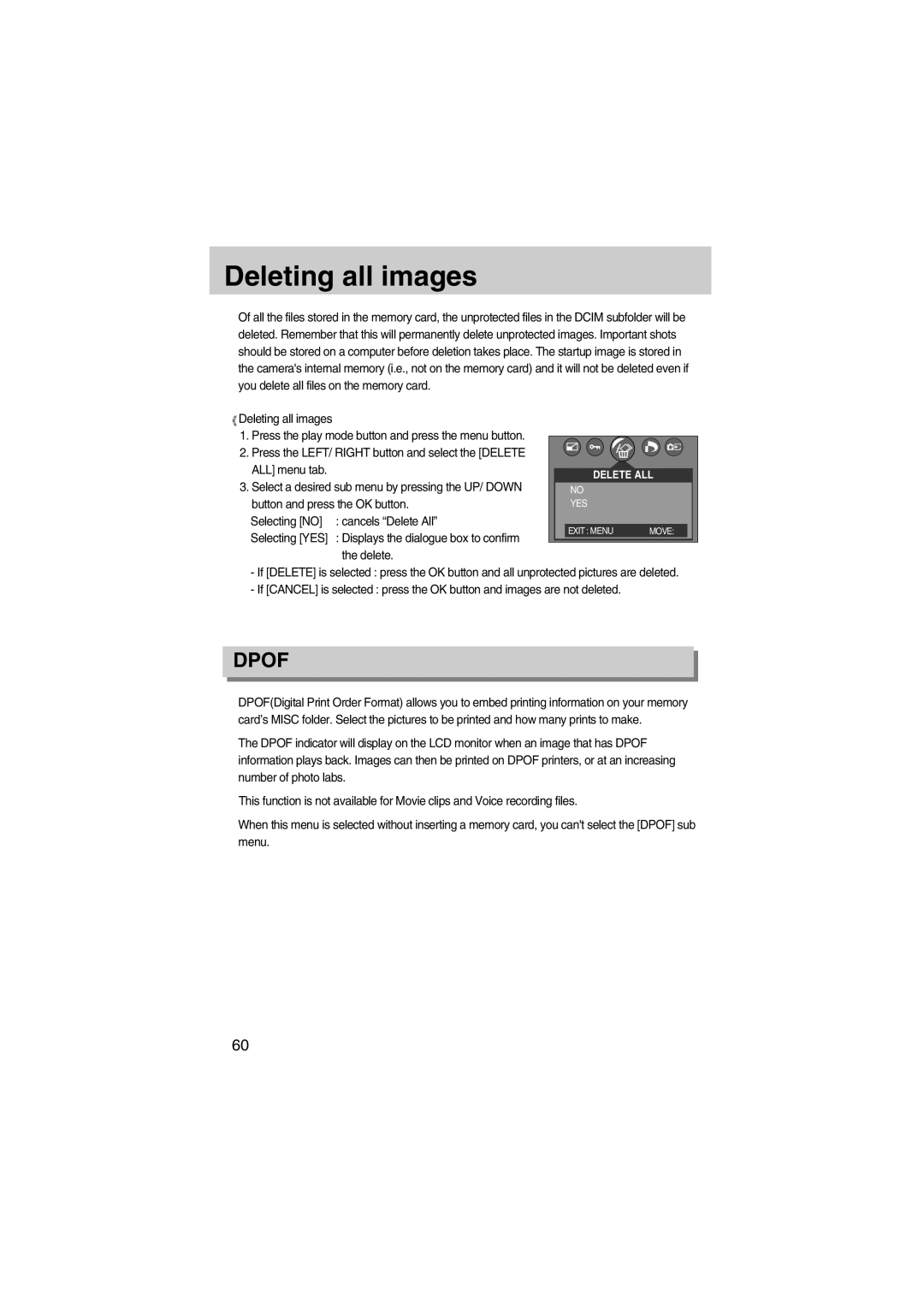 Samsung EC-UC501SBA/US, EC-A400ZSAA Deleting all images, Button and press the OK button, Selecting no Cancels Delete All 