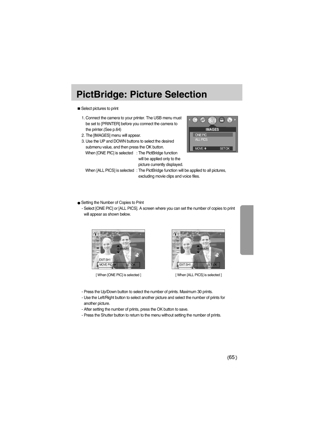 Samsung EC-A400ZSAA, EC-UC501SBA/US, EC-A400ZSBA/E1, EC-UC501SBB/US, EC-A400ZSBB/US manual PictBridge Picture Selection 