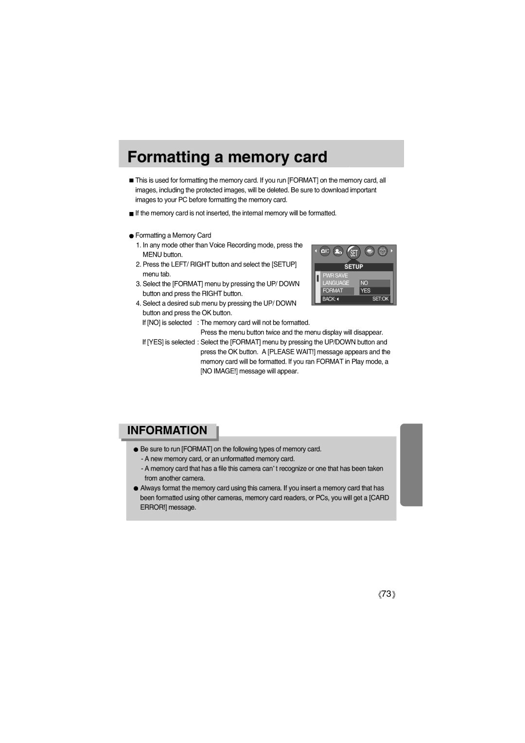 Samsung EC-A400ZSBA/E1, EC-UC501SBA/US, EC-UC501SBB/US, EC-A400ZSBB/US, EC-A400ZSBA/US Formatting a memory card, Menu button 