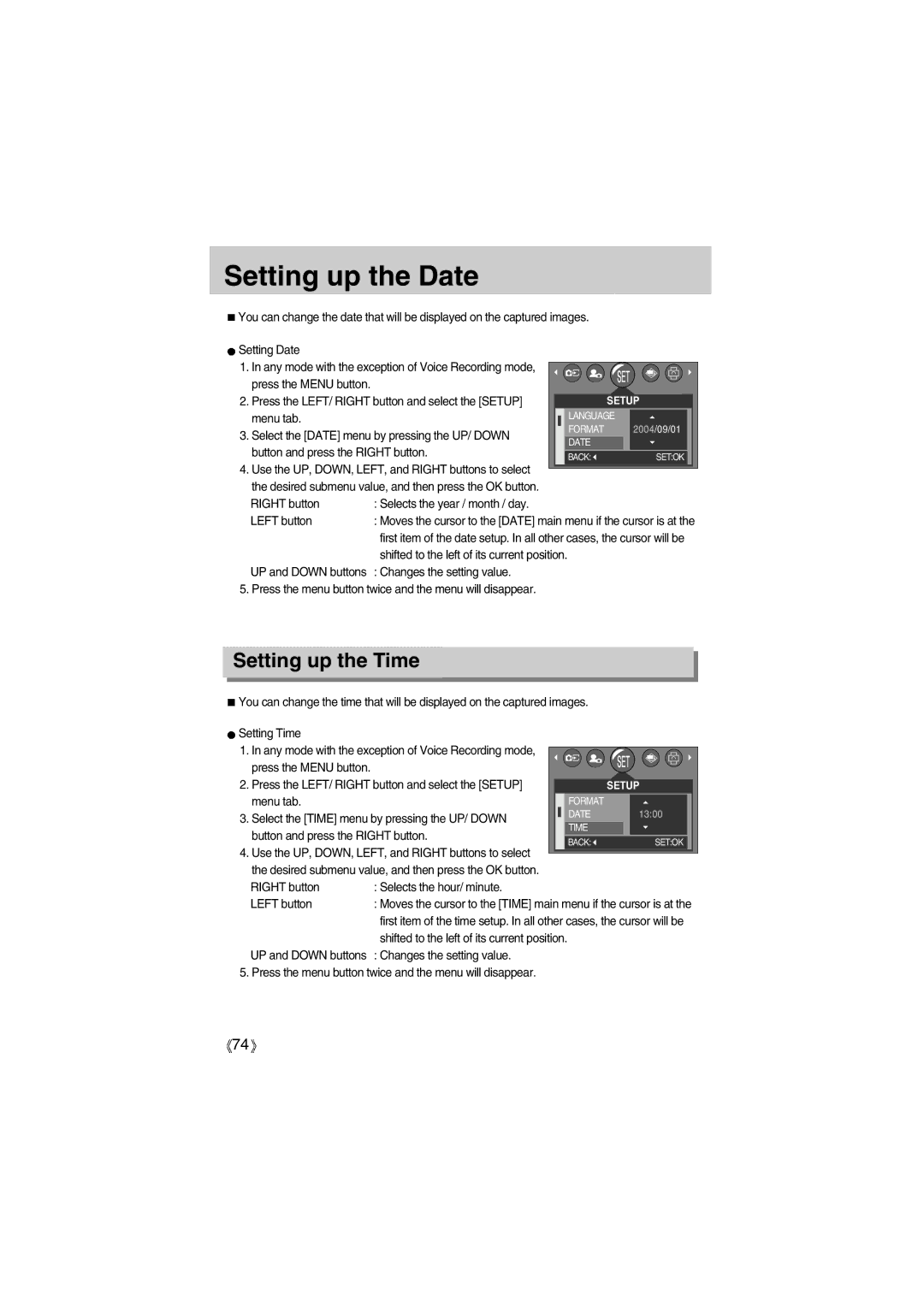 Samsung EC-UC501SBB/US, EC-UC501SBA/US, EC-A400ZSBA/E1, EC-A400ZSBB/US, EC-A400ZSAA Setting up the Date, Setting up the Time 