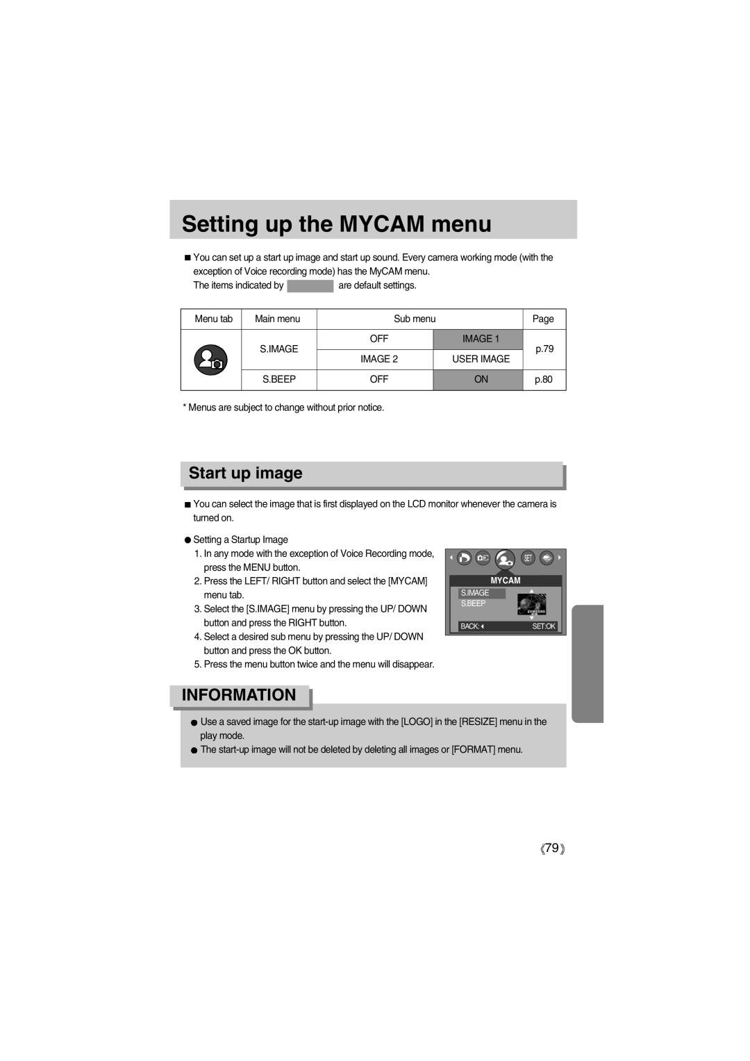 Samsung EC-A400ZSBA/E1, EC-UC501SBA/US, EC-UC501SBB/US, EC-A400ZSBB/US Setting up the Mycam menu, Start up image, Beep OFF 