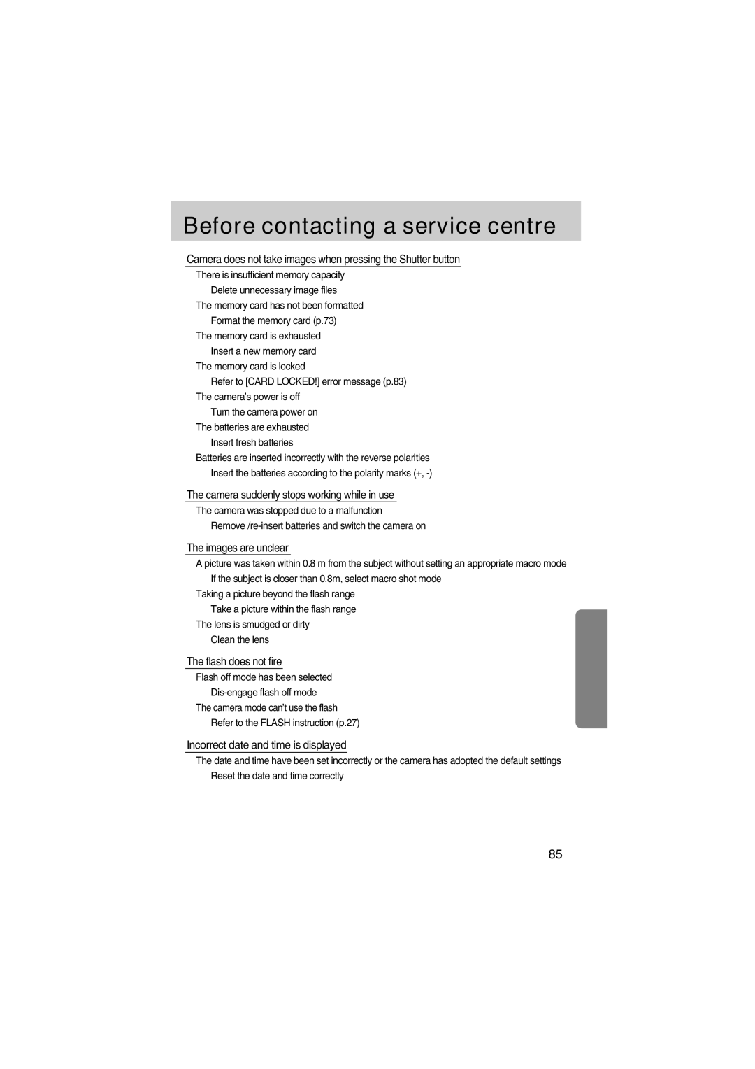 Samsung EC-A400ZSBA/E1, EC-UC501SBA/US manual Before contacting a service centre, Camera suddenly stops working while in use 