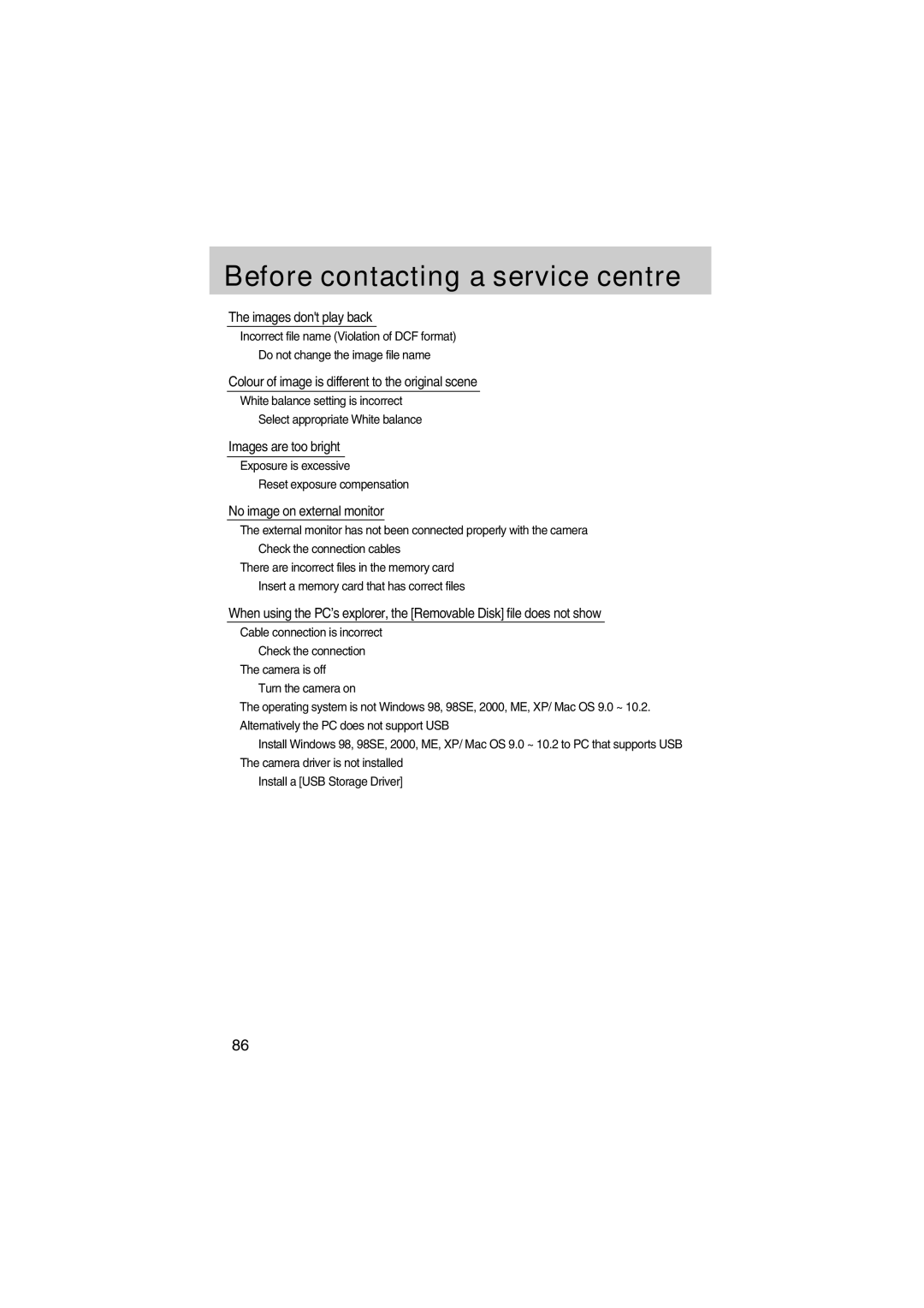 Samsung EC-UC501SBB/US, EC-UC501SBA/US Exposure is excessive Reset exposure compensation, Cable connection is incorrect 