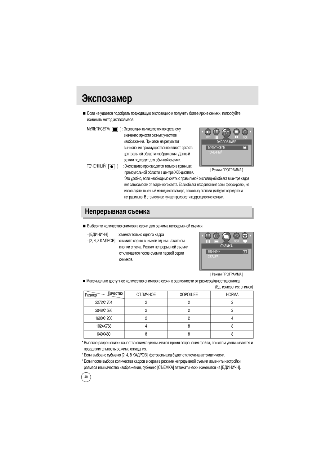 Samsung EC-A400ZSBA/US, EC-UC501SBA/US, EC-A400ZSBA/E1 manual Экспозамер, Изображения, Неправильно, Кнопки спуска, Снимков 